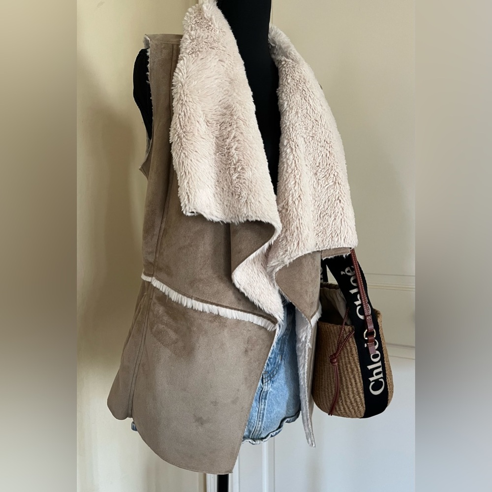 Tan and Cream Faux Shearling and Suede Vest
